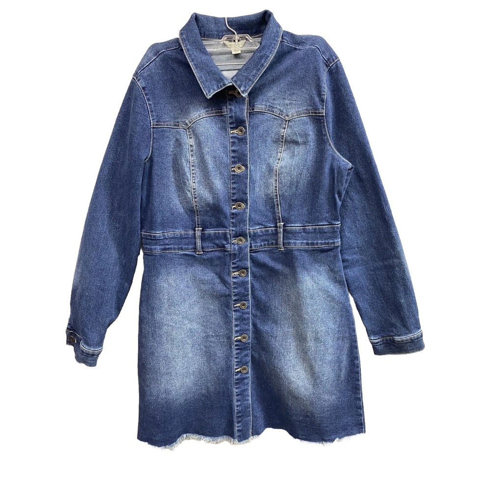 Cato Denim Shirt Dress Womens 12 Cotton Stretch Medium Wash Button Front Raw Hem